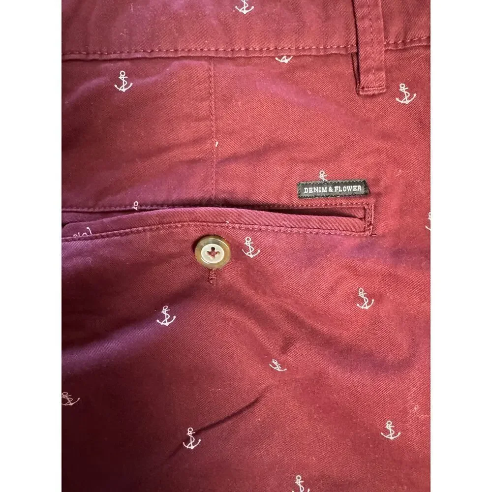 Denim & Flower Ricky Singh Men's Shorts Cranberry Burgandy Gold Anchor Size 32